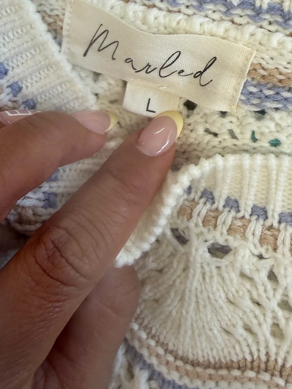 Marled Cream Eyelet Knit Sweater with Blue and Tan Stripes Size Large